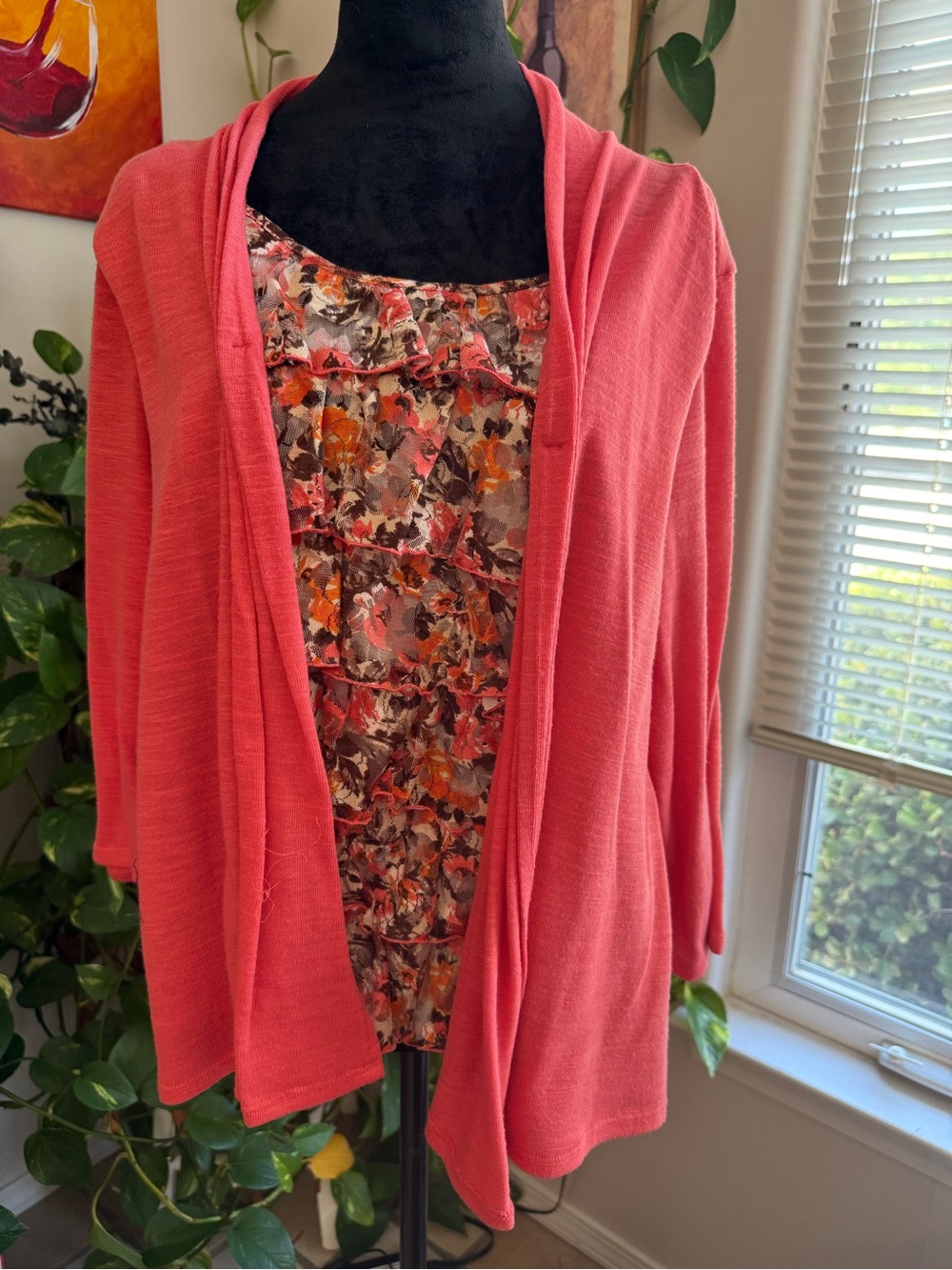 Elementz Coral Open-Front Hooded Cardigan with Floral Shell